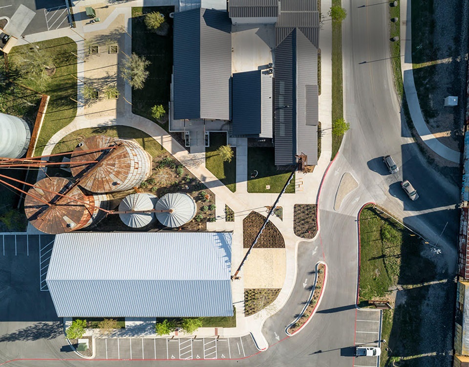 Bird's eye view of Buda Mill and Grain complex