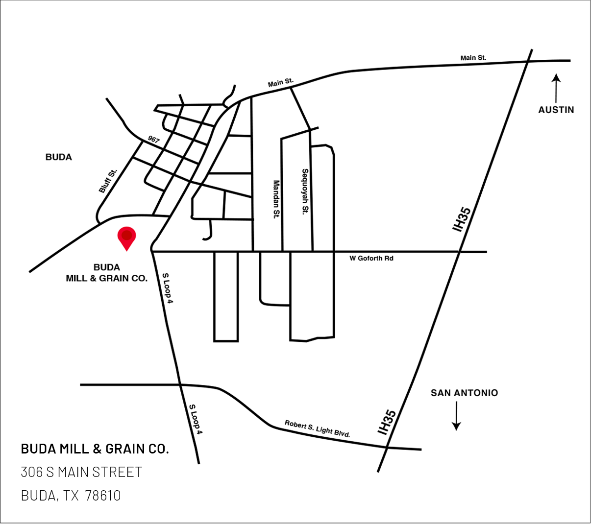 Map of surrounding main roads that lead to Buda Mill and Grain